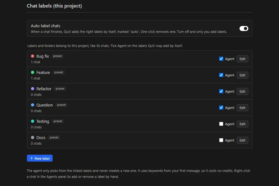 Settings, Chat labels: the Auto-label chats switch and the preset labels Bug fix, Feature, Refactor, Question, Testing and Docs, each with an Agent tick and an Edit button