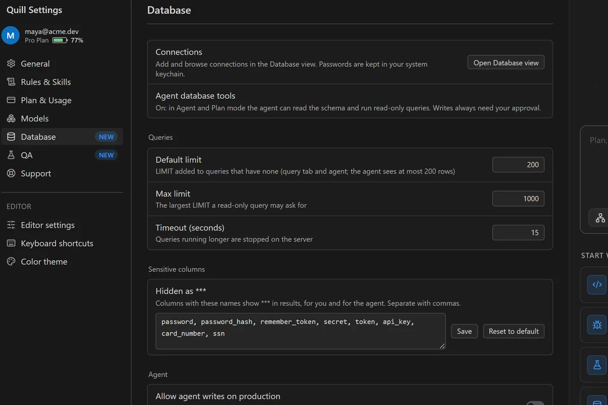 Settings, Database: connections, query limits, hidden sensitive columns and agent write rules