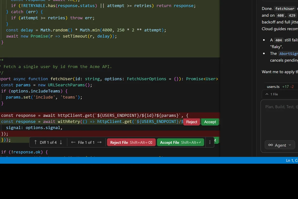 The editor with an AI edit as a pending diff: new lines in green, a removed block in red, and Accept and Reject buttons on each change