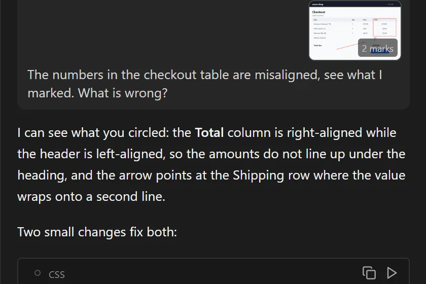 The chat answering about a marked-up screenshot: it names the misaligned Total column and the wrapped shipping value and suggests a CSS fix
