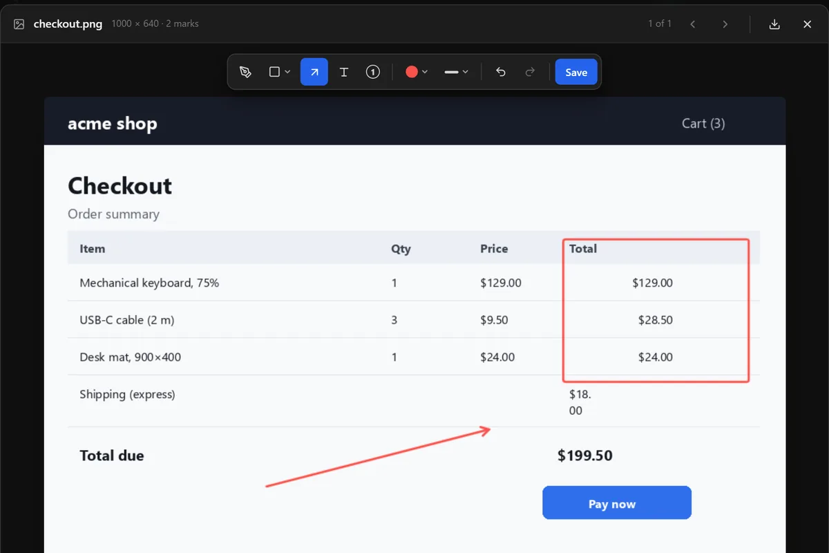 The image mark-up dialog: a screenshot of a checkout page with a red rectangle around the Total column and an arrow at the shipping row, with pen, shape, arrow, text and number tools