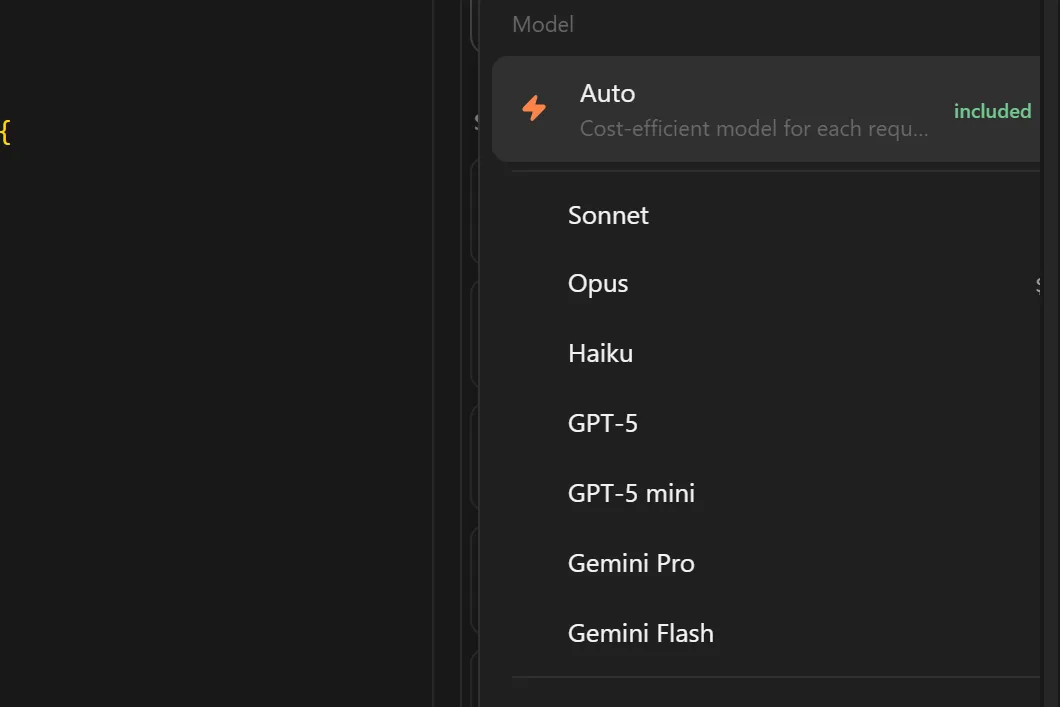 The model menu: Auto marked included, then Sonnet, Opus, Haiku, GPT-5, GPT-5 mini, Gemini Pro and Gemini Flash, and a link to add your own key