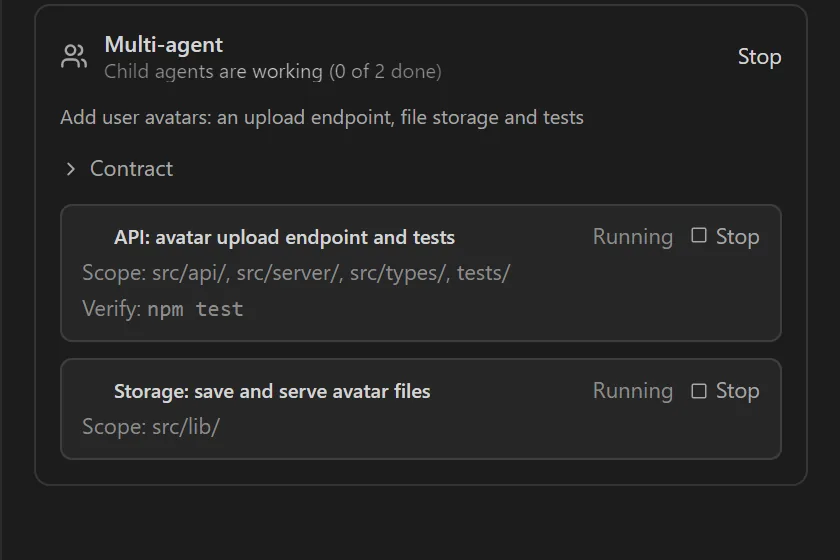 Multi-agent run: two child agents running in parallel, each with its scope and a Stop button