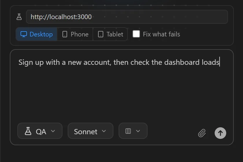 QA mode: an app URL field, Desktop, Phone and Tablet screen sizes, a Fix what fails switch, and a test request typed in the prompt