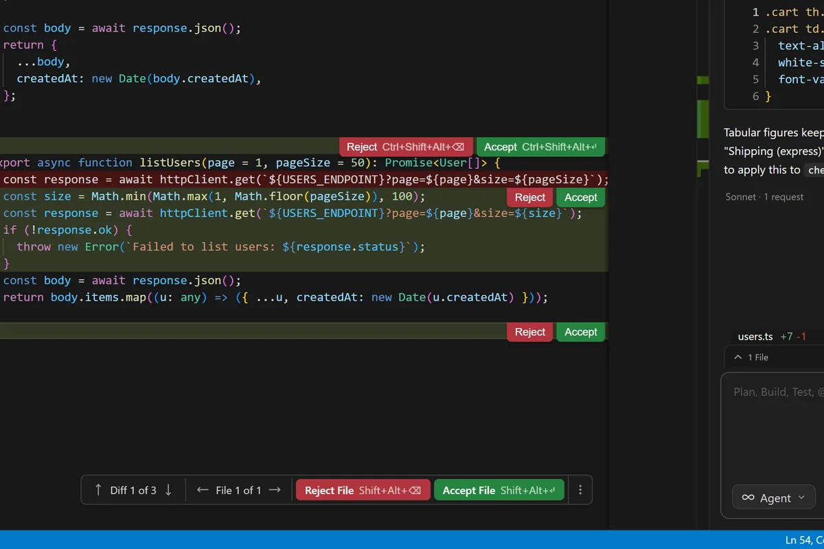 Quick edit: a selected function rewritten in place, shown as an inline diff with Accept and Reject