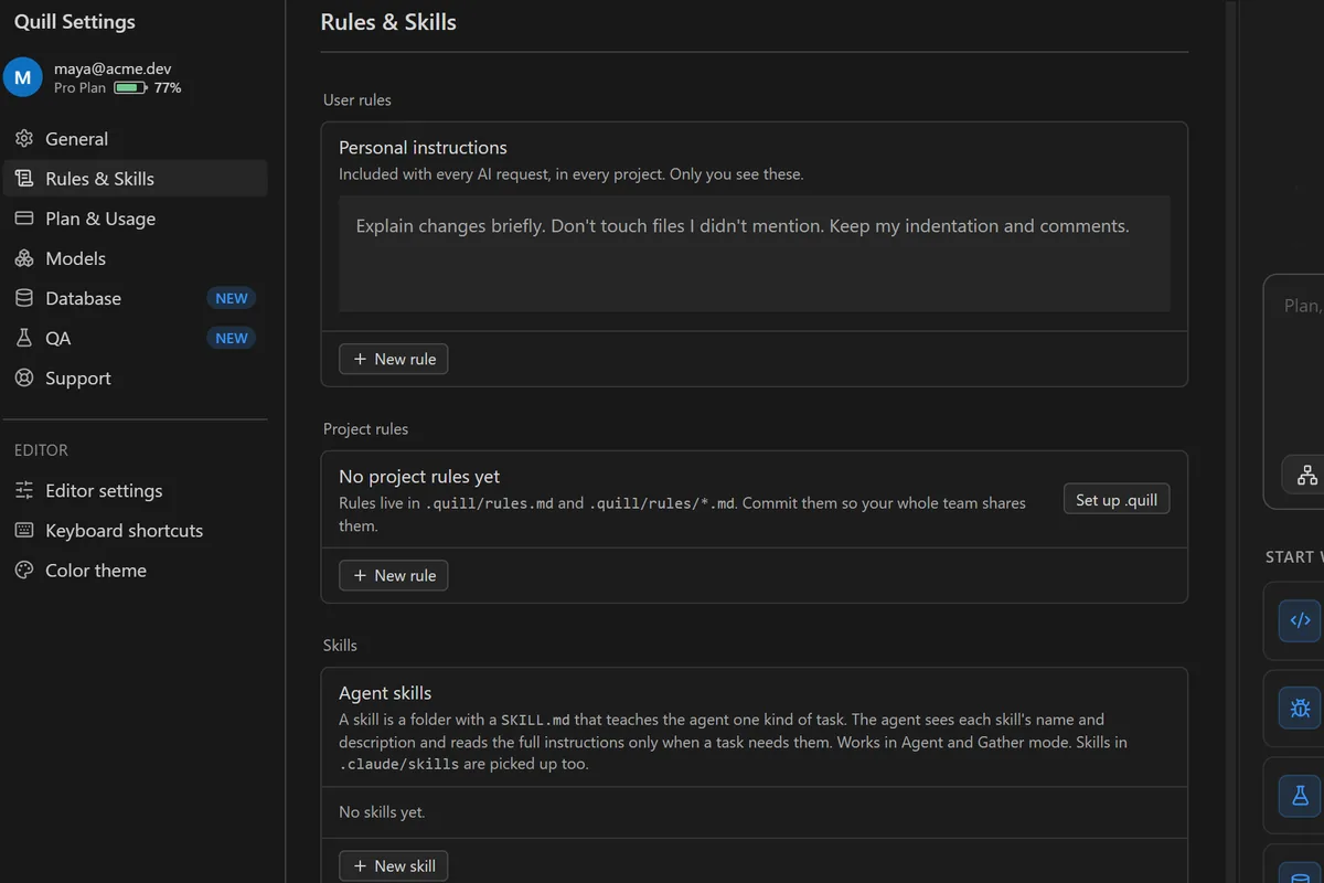 Settings, Rules and Skills: personal instructions, project rules, agent skills and project memory