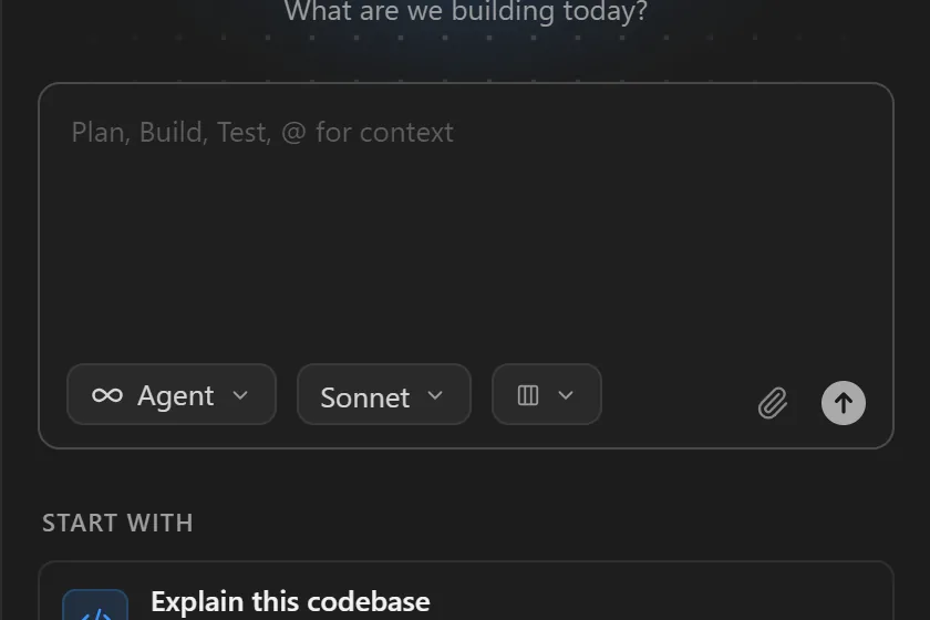 The chat panel: a prompt box with Agent mode and the model picker, and Start with cards for explaining the codebase, finding bugs, testing in a browser, asking the database and building a big feature
