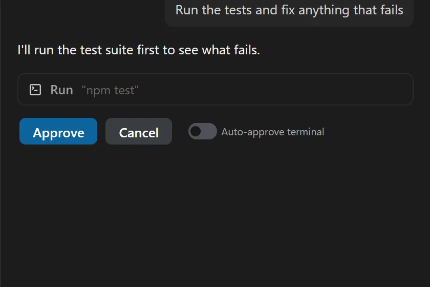 The chat asking approval to run npm test, with Approve and Cancel buttons and an auto-approve switch