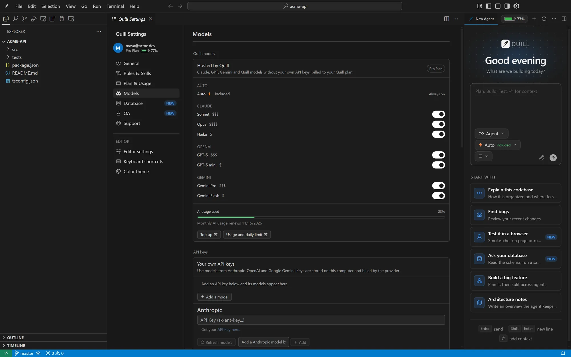 Quill settings, Models page: hosted models, your own API keys and local models